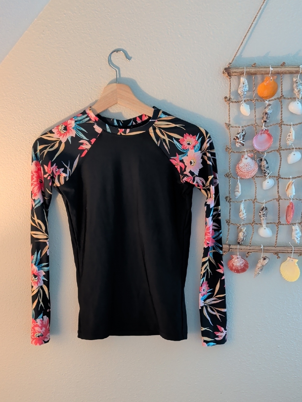 Billabong Black Rash Guard with Pink Floral Sleeves